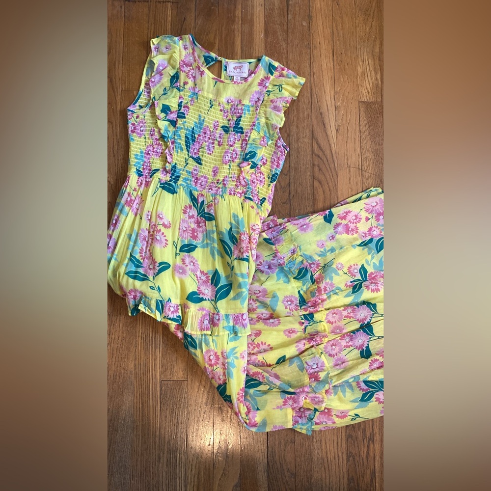 Yellow and pink floral banjanan smocked dress medium